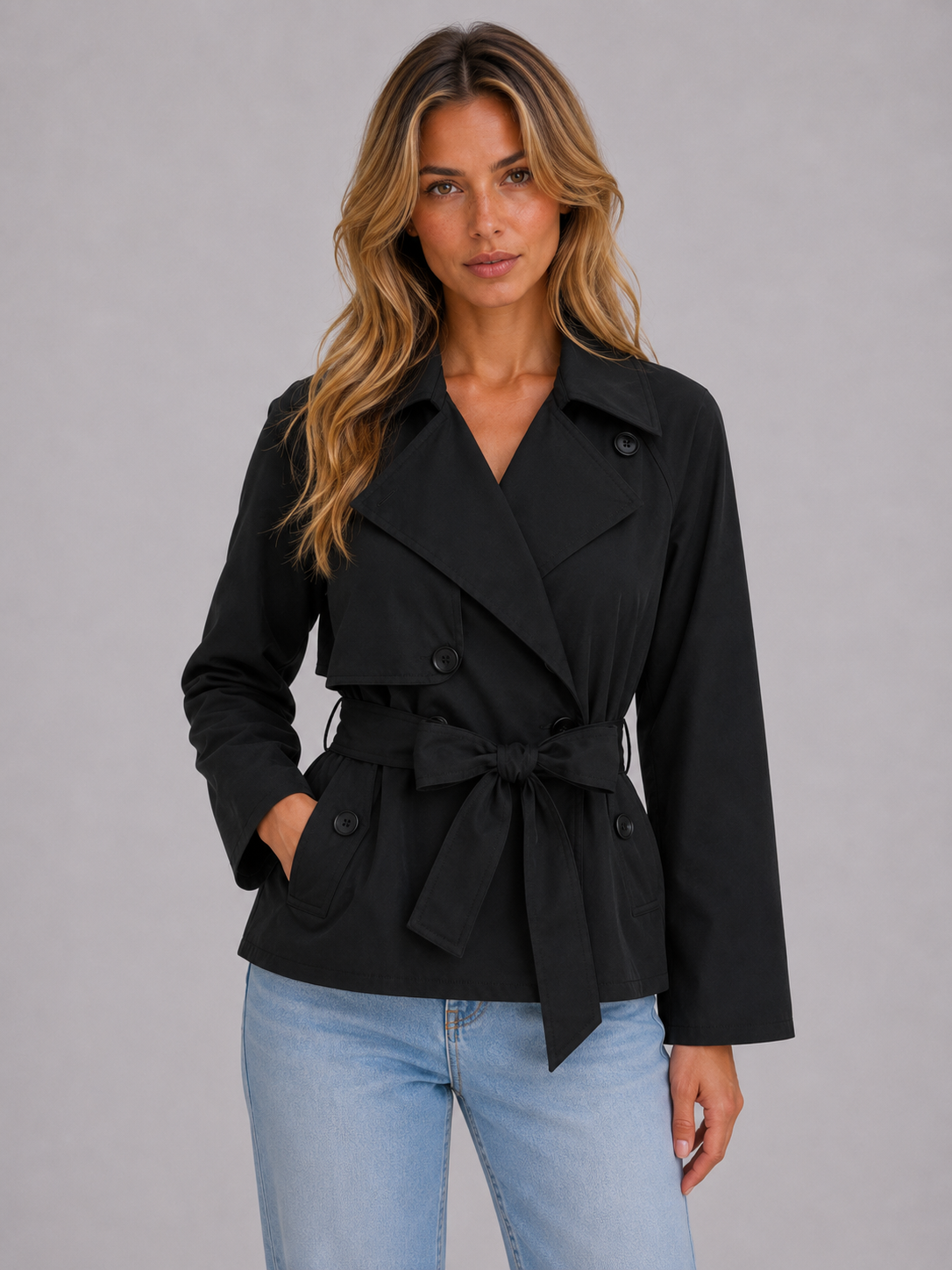 Cropped trenchjas dames met dubbele knoopsluiting en ceintuur 3