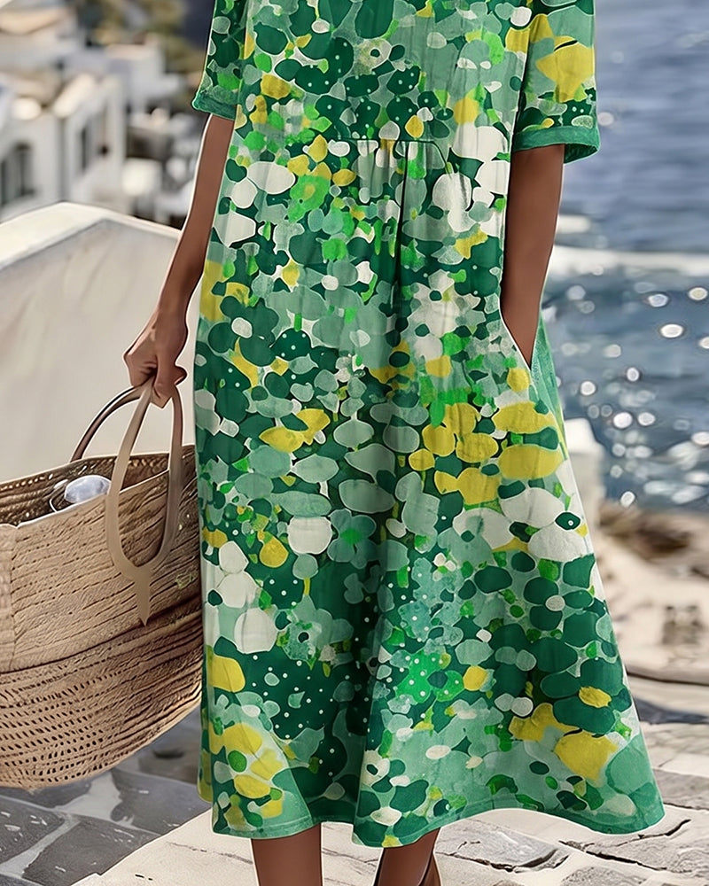 Linnen midi jurk dames met bloemenprint, korte mouwen en zakken