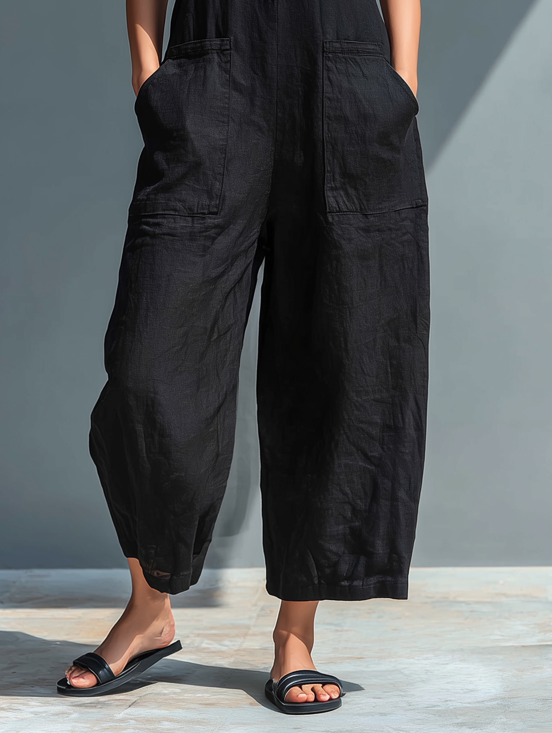 Gabrielle - Jumpsuit linnen mouwloos met opstaande kraag en knopen dames