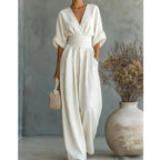 Jumpsuit dames met V-hals, wijde pijpen en korte mouwen
