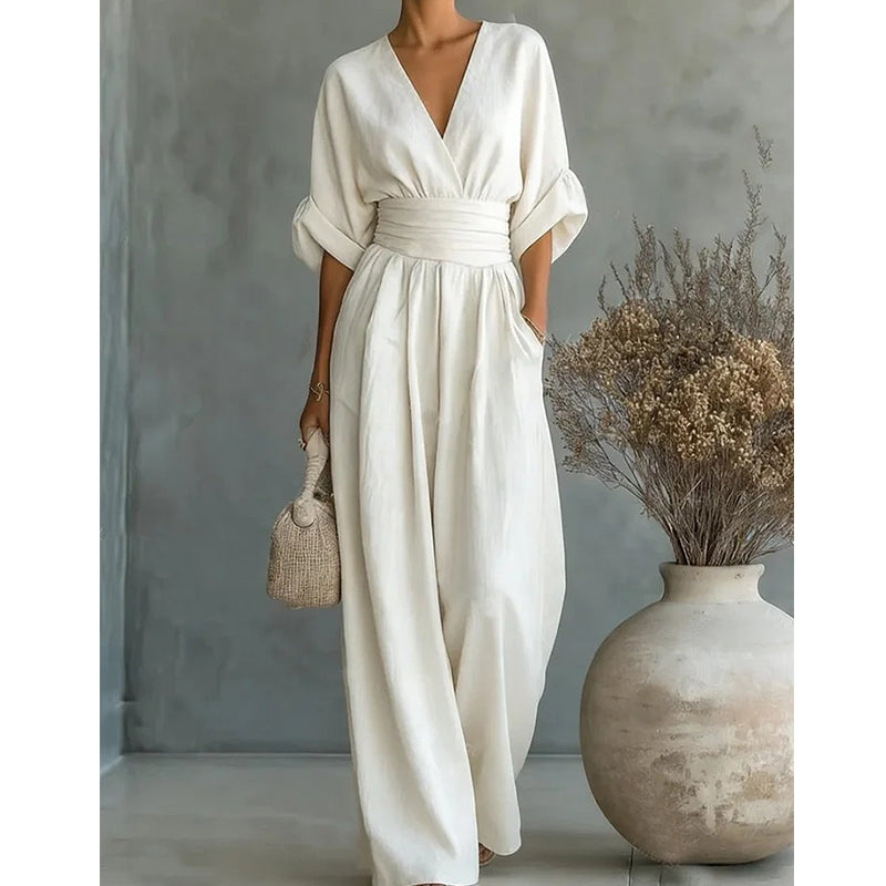 Jumpsuit dames met V-hals, wijde pijpen en korte mouwen