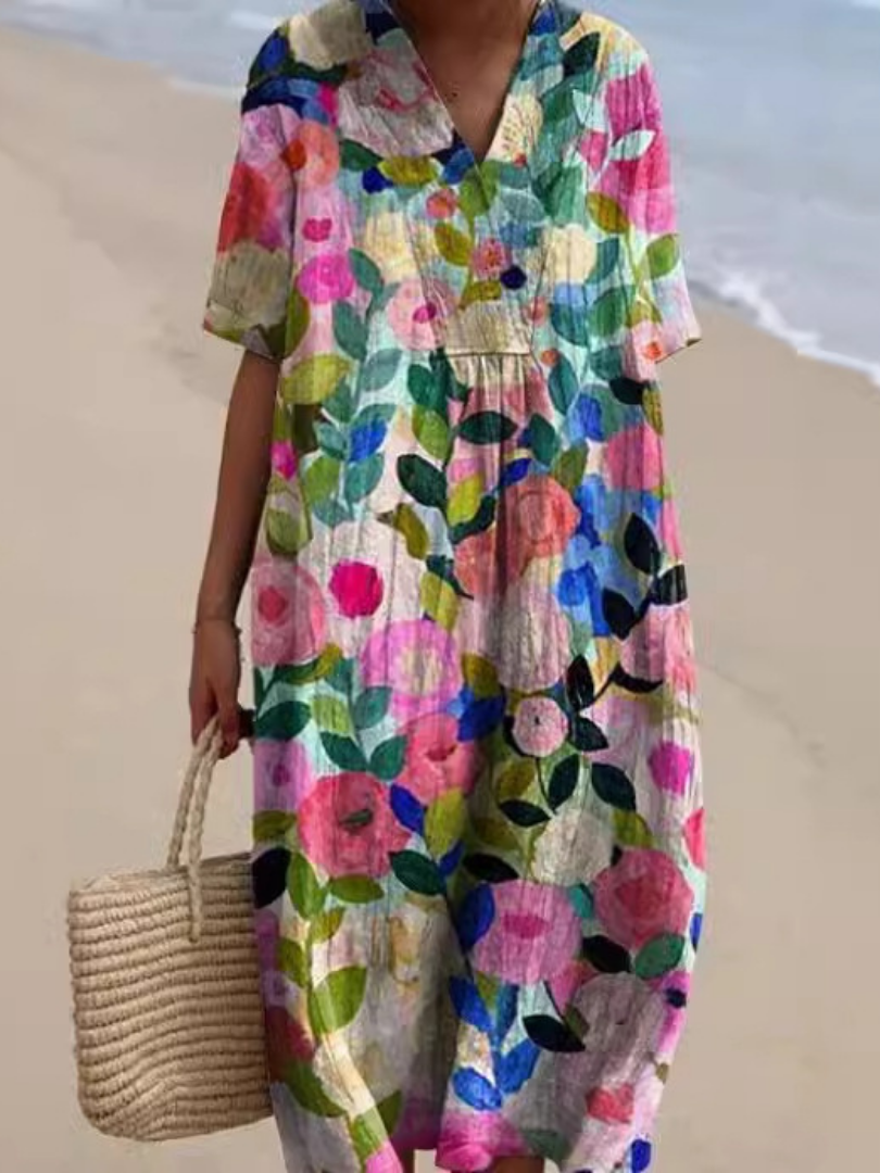 Luchtige midi jurk dames met bloemenprint en korte mouwen