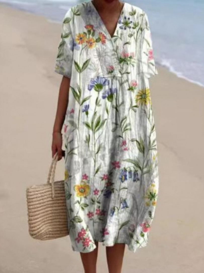 Luchtige midi jurk dames met bloemenprint en korte mouwen