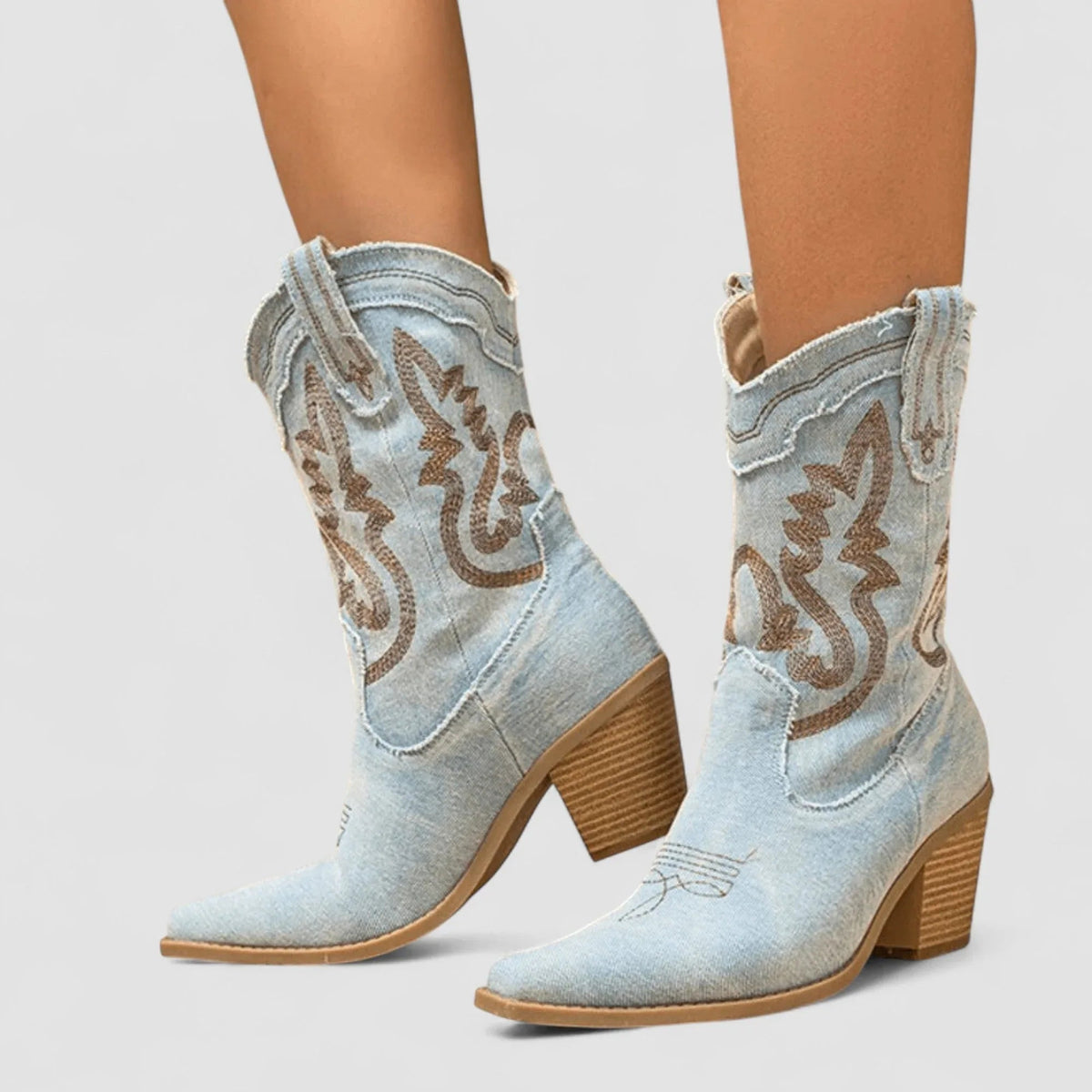 Denim cowboylaarzen dames met blokhak, spitse neus en westernstiksels 1