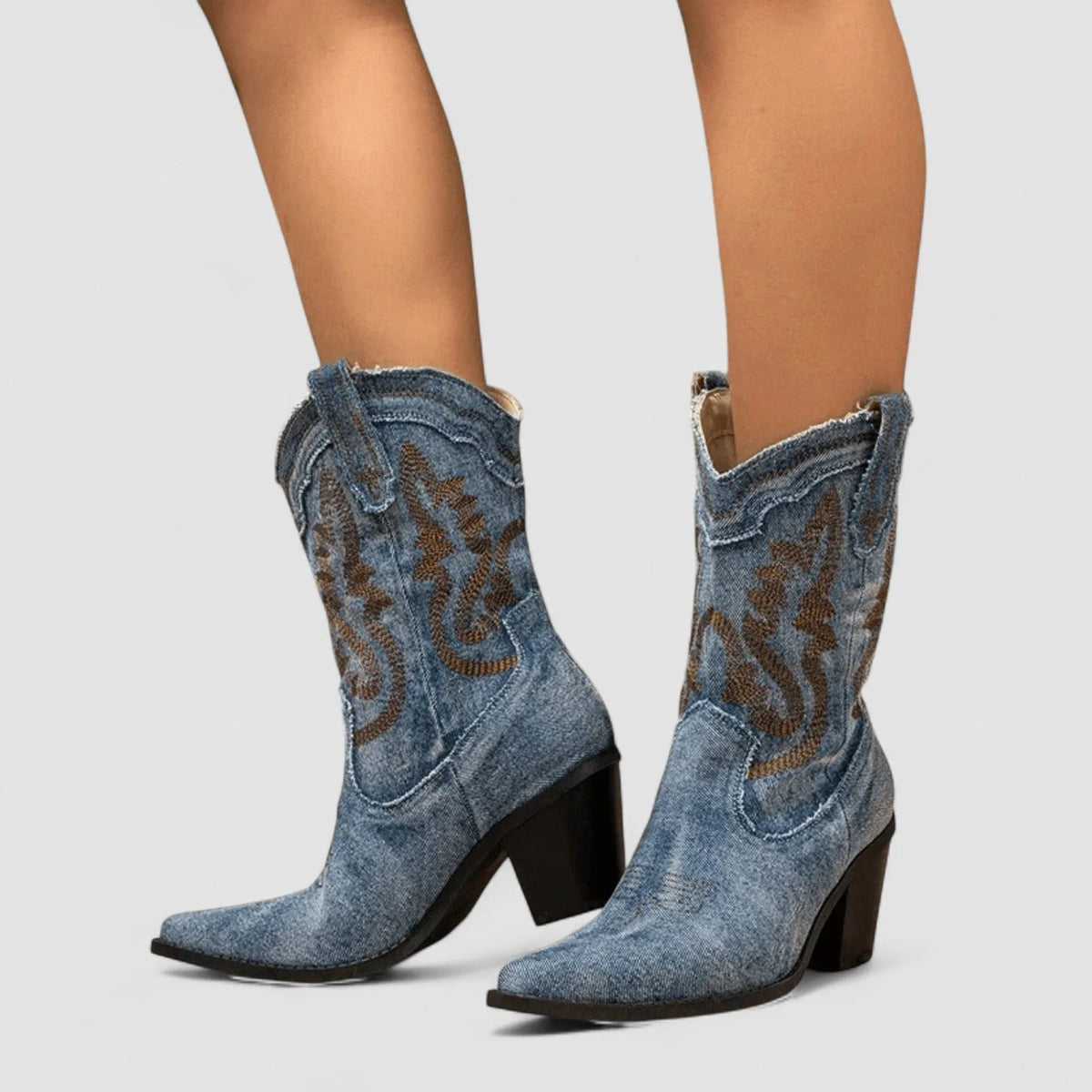 Denim cowboylaarzen dames met blokhak, spitse neus en westernstiksels 2