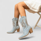Denim cowboylaarzen dames met blokhak, spitse neus en westernstiksels 3