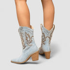 Denim cowboylaarzen dames met blokhak, spitse neus en westernstiksels 4