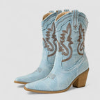 Denim cowboylaarzen dames met blokhak, spitse neus en westernstiksels 5
