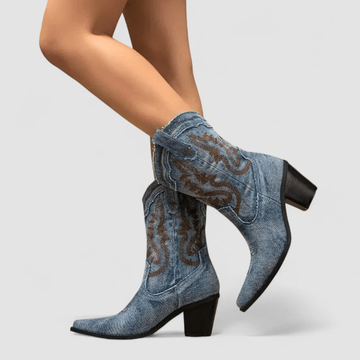 Denim cowboylaarzen dames met blokhak, spitse neus en westernstiksels 6