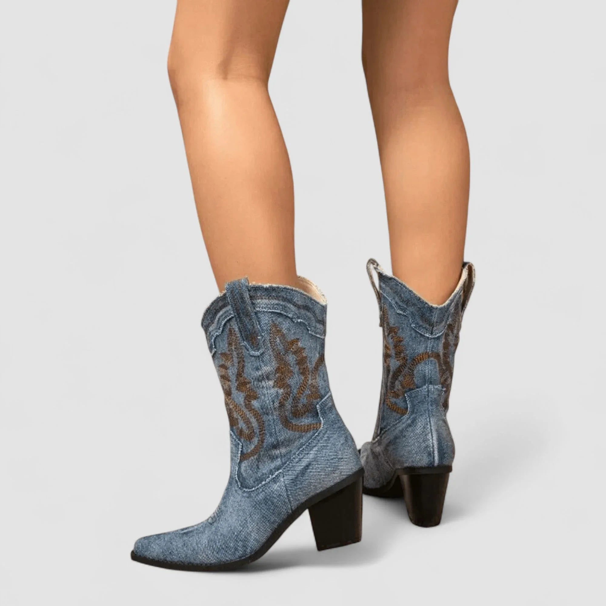 Denim cowboylaarzen dames met blokhak, spitse neus en westernstiksels 7