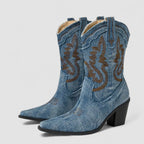 Denim cowboylaarzen dames met blokhak, spitse neus en westernstiksels 8