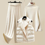 Driedelige gebreide set dames met coltrui, wijde broek en gilet 1