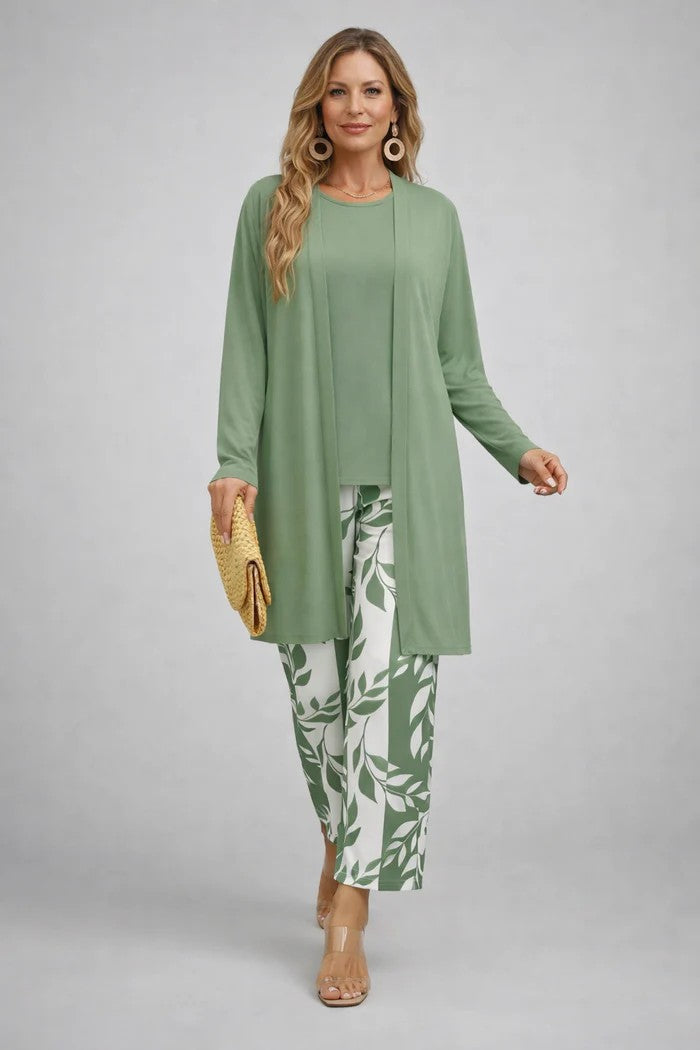 Driedelige set dames met top, broek en vest met print 10