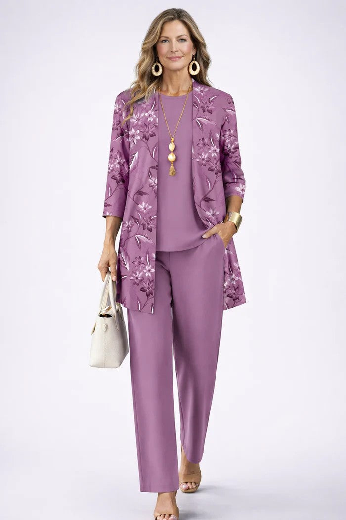 Driedelige set dames met top, broek en vest met print 11
