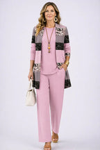 Driedelige set dames met top, broek en vest met print 12
