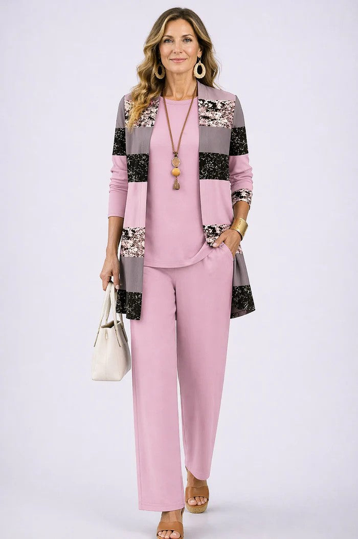 Driedelige set dames met top, broek en vest met print 12