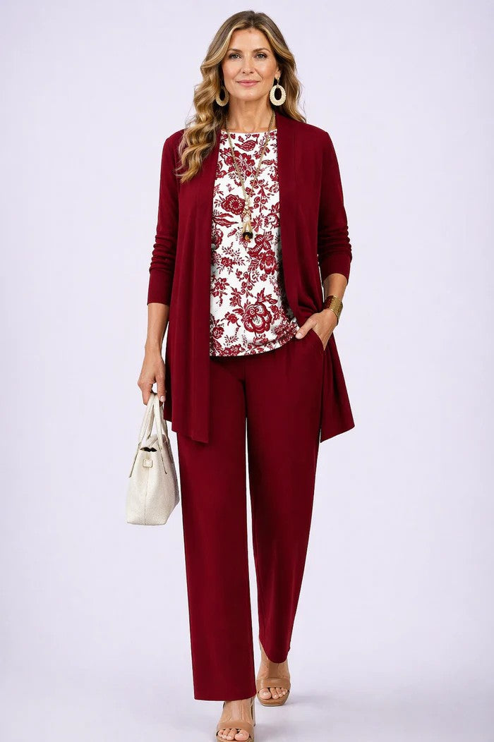 Driedelige set dames met top, broek en vest met print 13