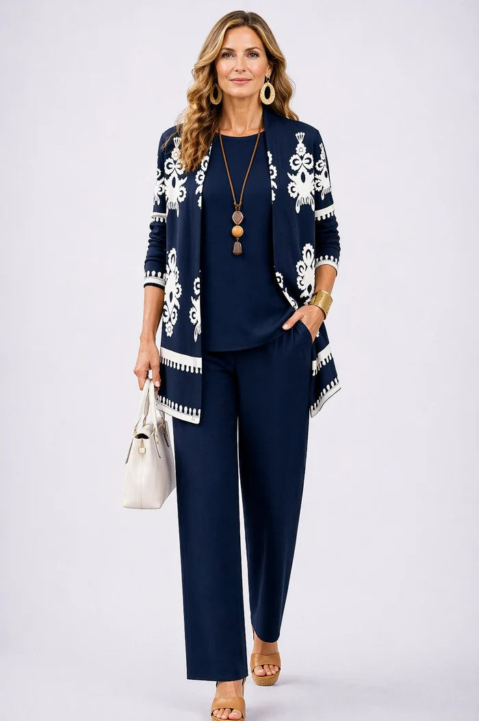 Driedelige set dames met top, broek en vest met print 14