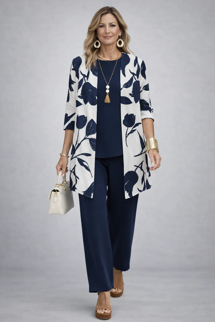 Driedelige set dames met top, broek en vest met print 15