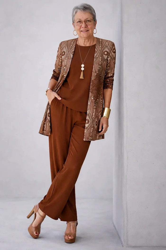 Driedelige set dames met top, broek en vest met print 16