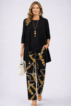 Driedelige set dames met top, broek en vest met print 17
