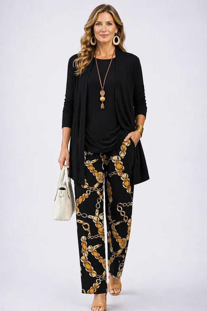 Driedelige set dames met top, broek en vest met print 17