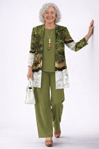Driedelige set dames met top, broek en vest met print 19