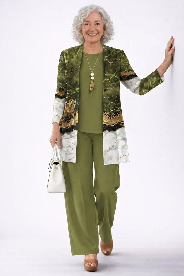 Driedelige set dames met top, broek en vest met print 19