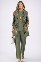 Driedelige set dames met top, broek en vest met print 2
