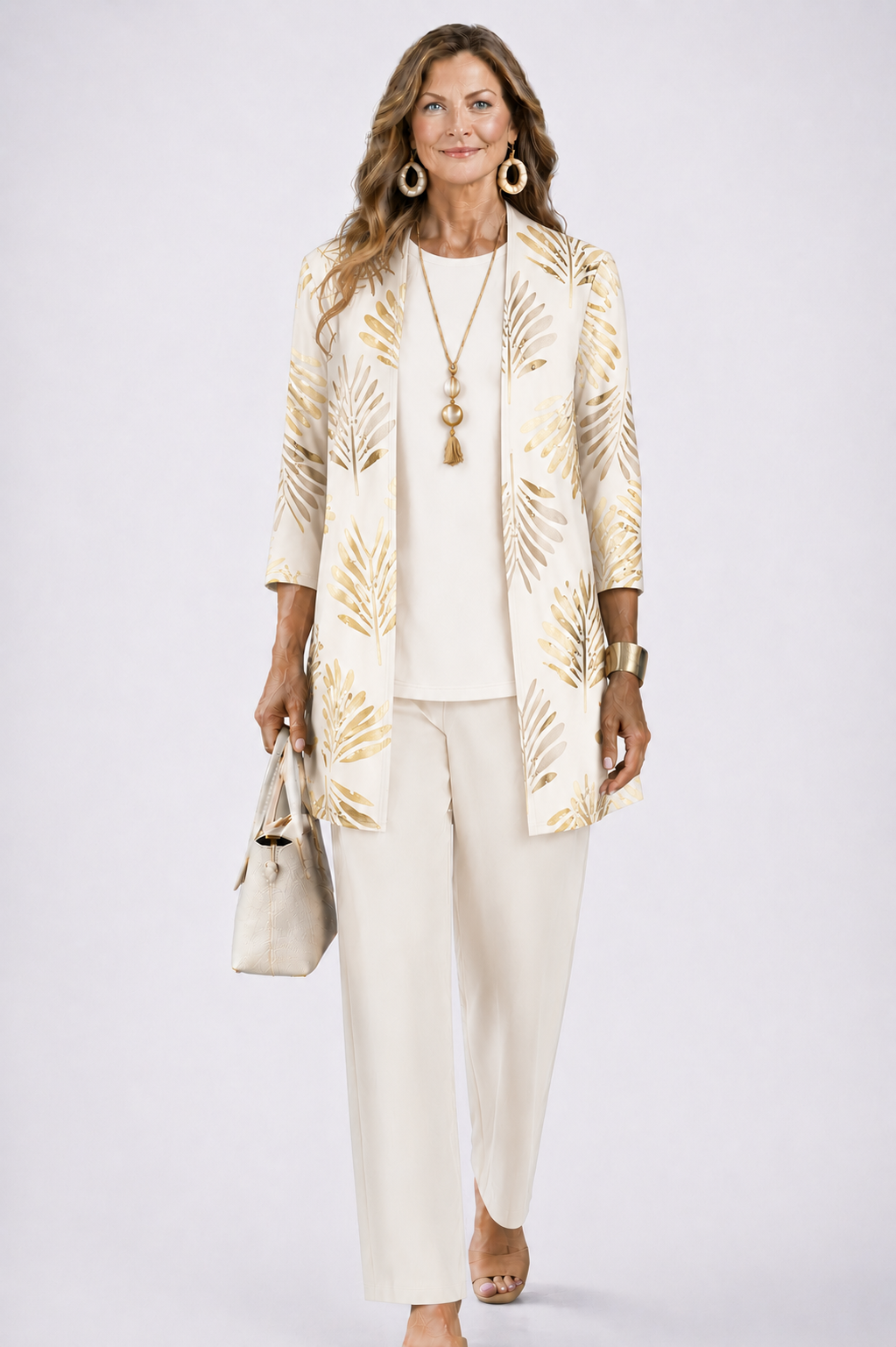 Driedelige set dames met top, broek en vest met print 3