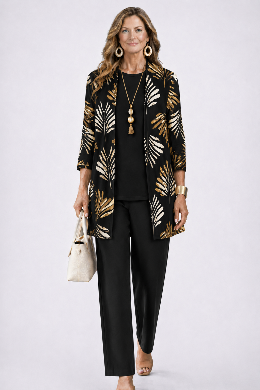 Driedelige set dames met top, broek en vest met print 5