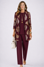 Driedelige set dames met top, broek en vest met print 6
