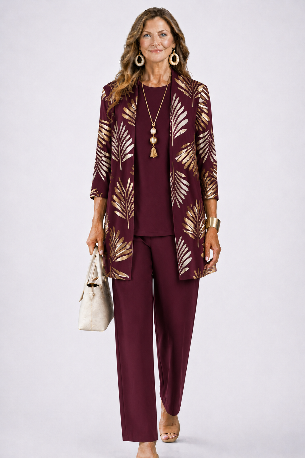 Driedelige set dames met top, broek en vest met print 6