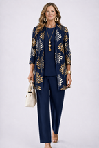 Driedelige set dames met top, broek en vest met print 7