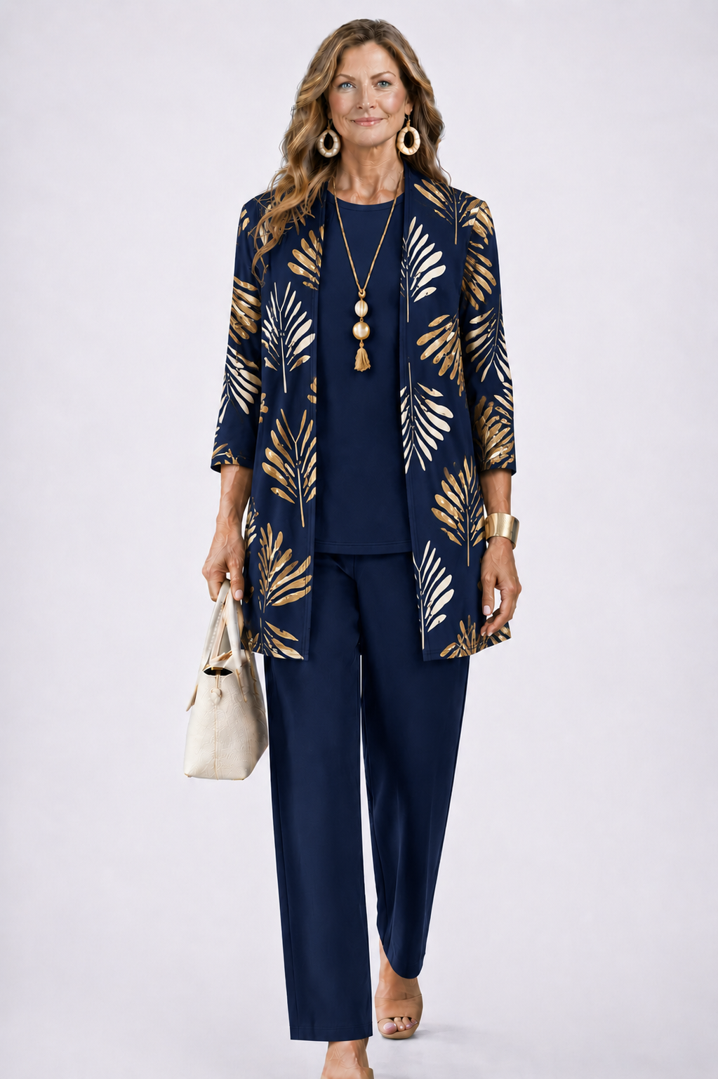 Driedelige set dames met top, broek en vest met print 7