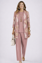 Driedelige set dames met top, broek en vest met print 8