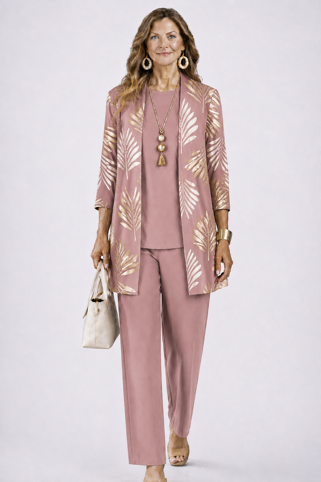 Driedelige set dames met top, broek en vest met print 8