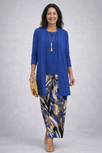 Driedelige set dames met top, broek en vest met print 9