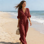 Jumpsuit dames met V-hals, wijde pijpen en korte mouwen