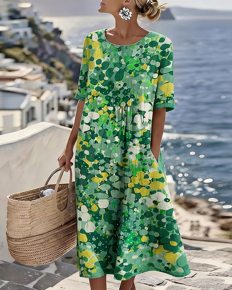Linnen midi jurk dames met bloemenprint, korte mouwen en zakken
