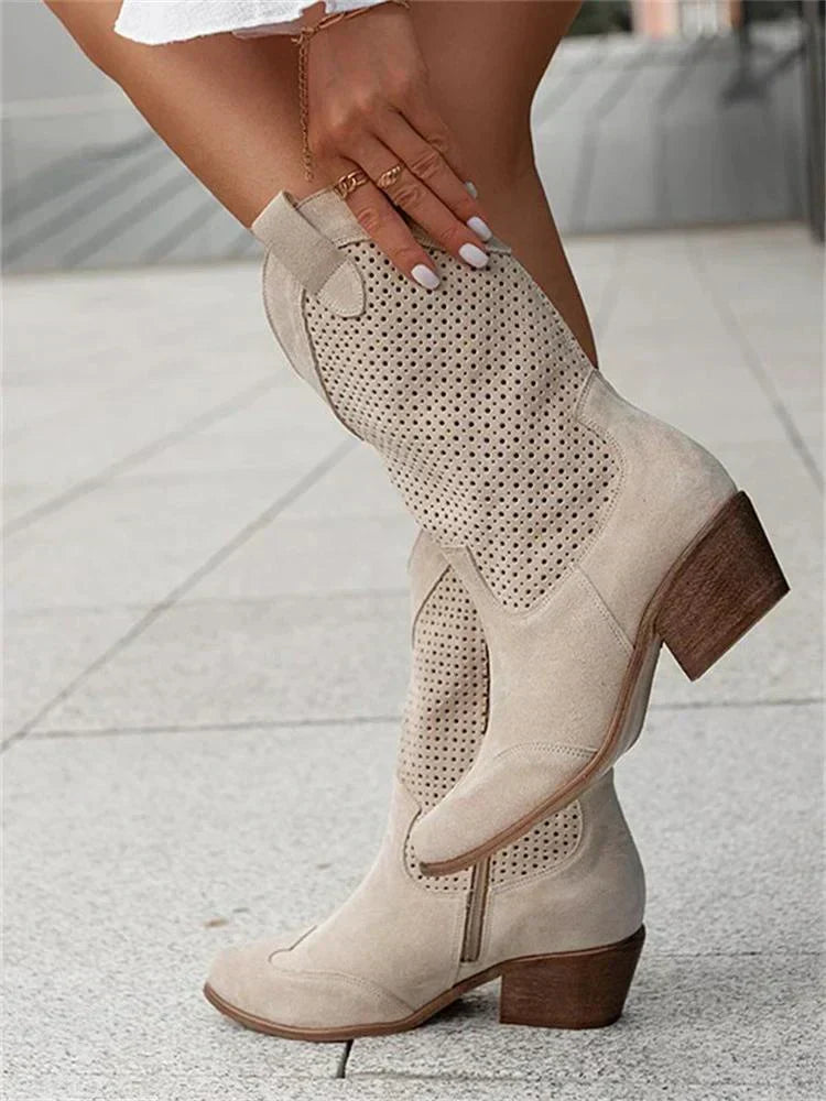 Enkellaarsjes dames in cowboystijl van leer met opengewerkt dessin en rits 3