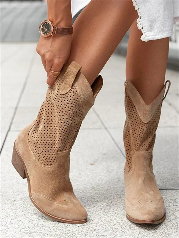 Enkellaarsjes dames in cowboystijl van leer met opengewerkt dessin en rits 4