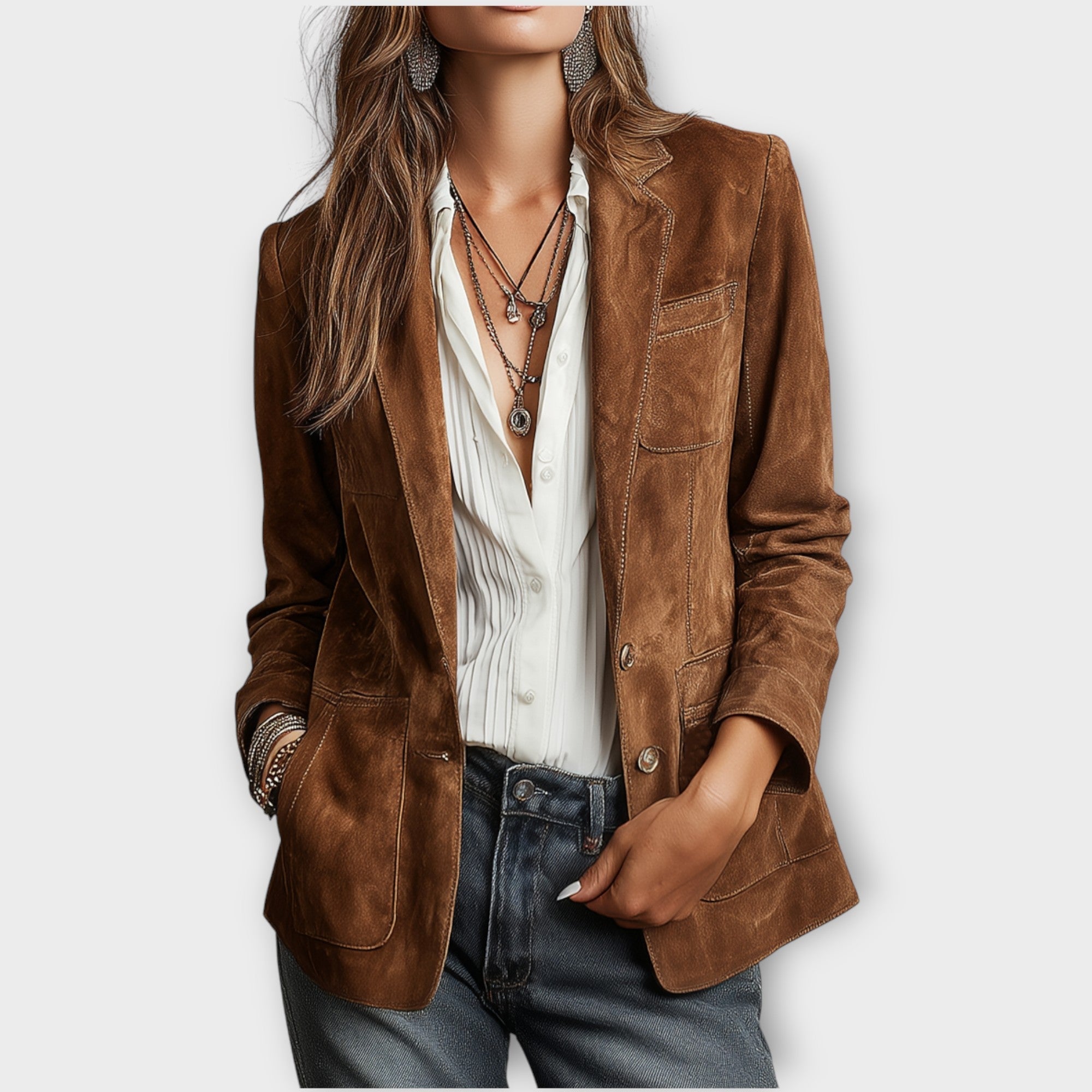 Getailleerde blazer dames van suède met knoopsluiting en steekzakken 1