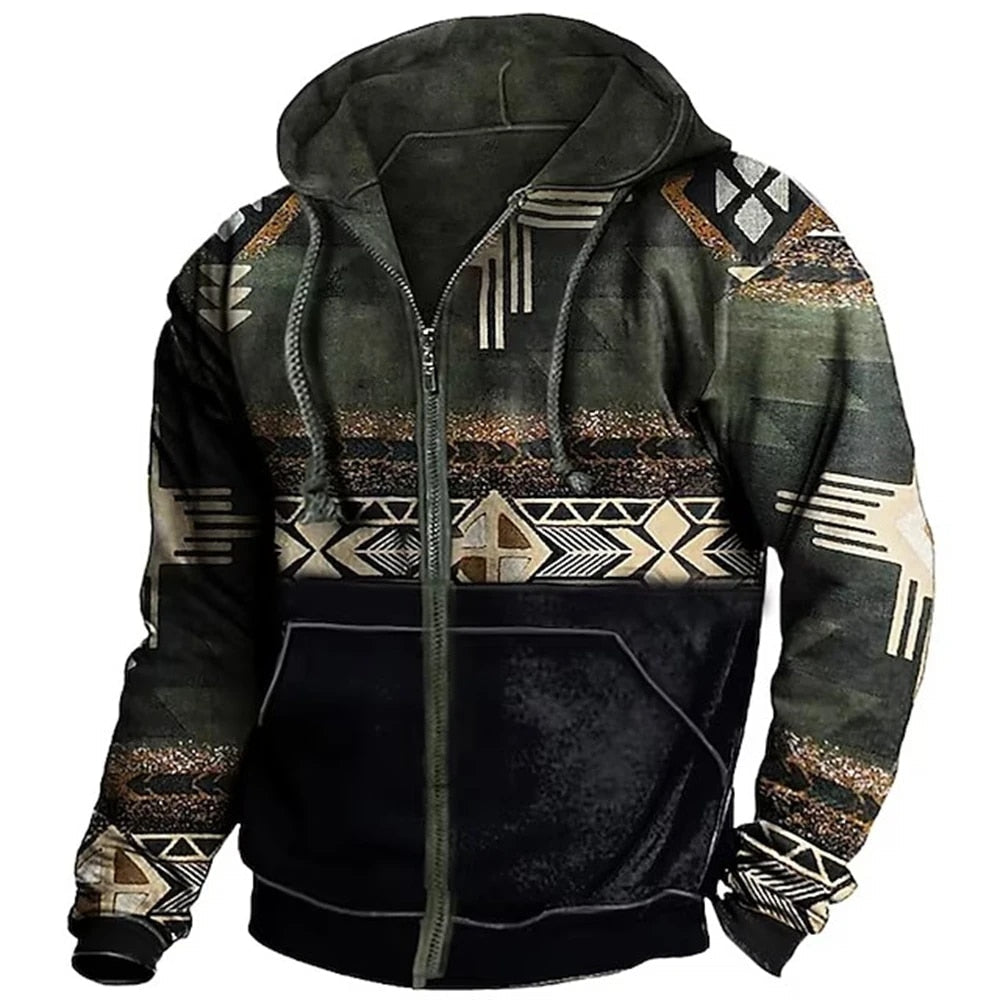 Fleece hoodie heren retro met rits en colorblock 1