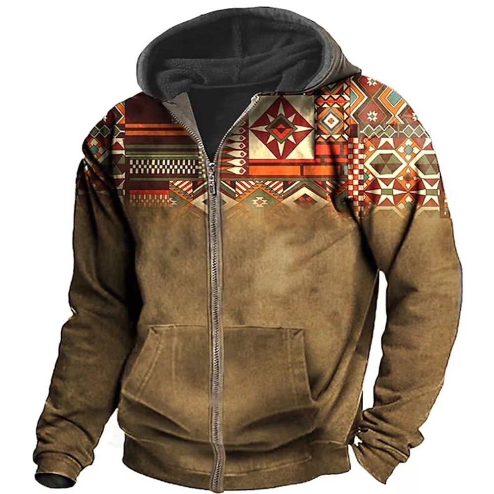 Fleece hoodie heren retro met rits en colorblock 2