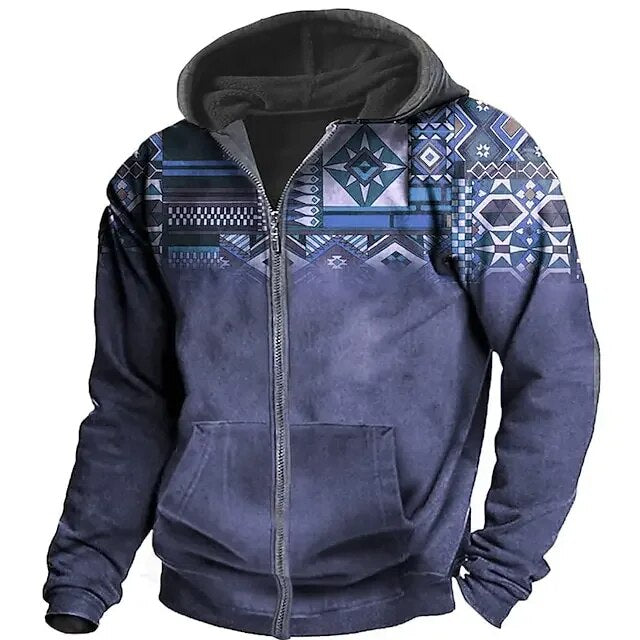 Fleece hoodie heren retro met rits en colorblock 7