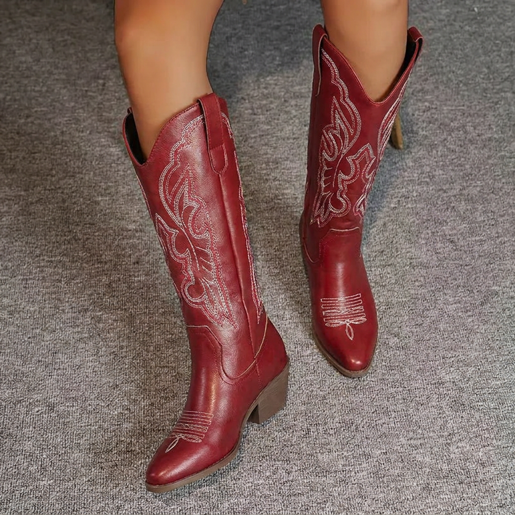 Geborduurde cowboy laarzen dames met blokhak en hoge schacht 12