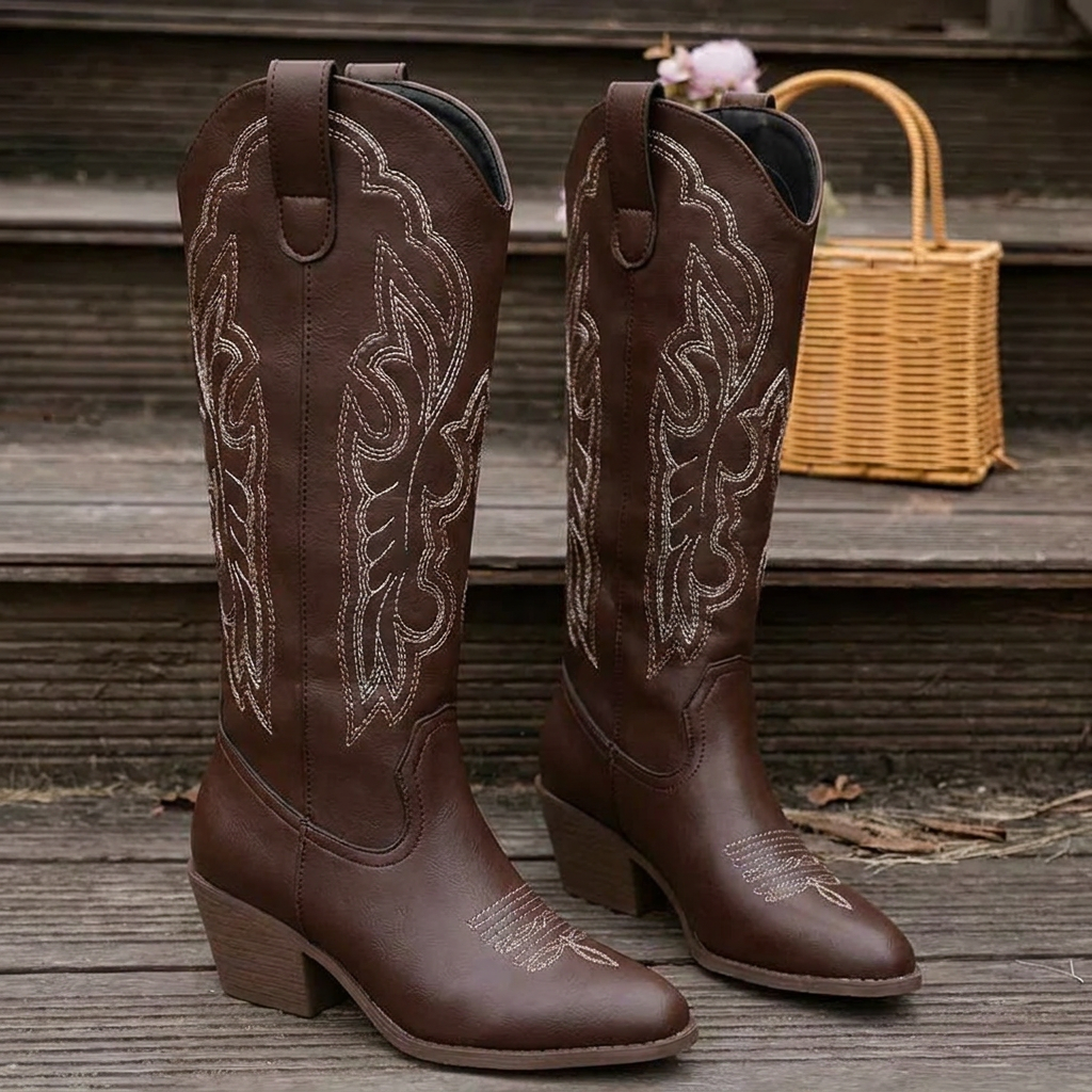 Geborduurde cowboy laarzen dames met blokhak en hoge schacht 7