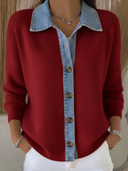 Gebreide cardigan dames met polokraag, knoopsluiting en denim details 1