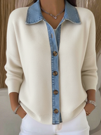 Gebreide cardigan dames met polokraag, knoopsluiting en denim details 2